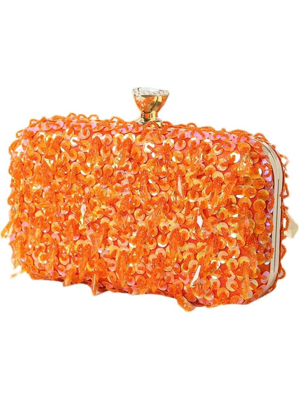 Womens Orange Sequin Iridescent Beaded Box Clutch Gold Lock Evening Bag